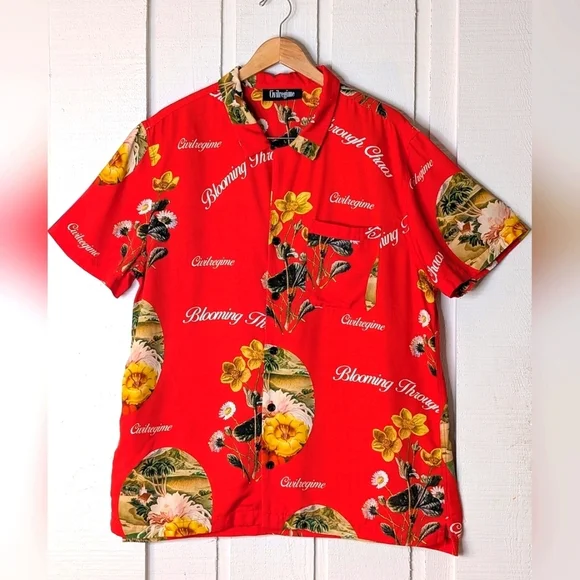 CivilRegime Tropical Flair Button Down Casual Shirt Red Yellow Mens Size Large - Picture 3 of 17